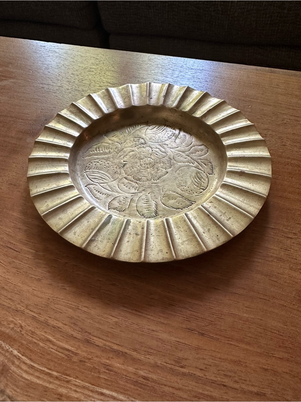 Vintage Sarna Brass Ashtray with Floral Etching and Scalloped Edge